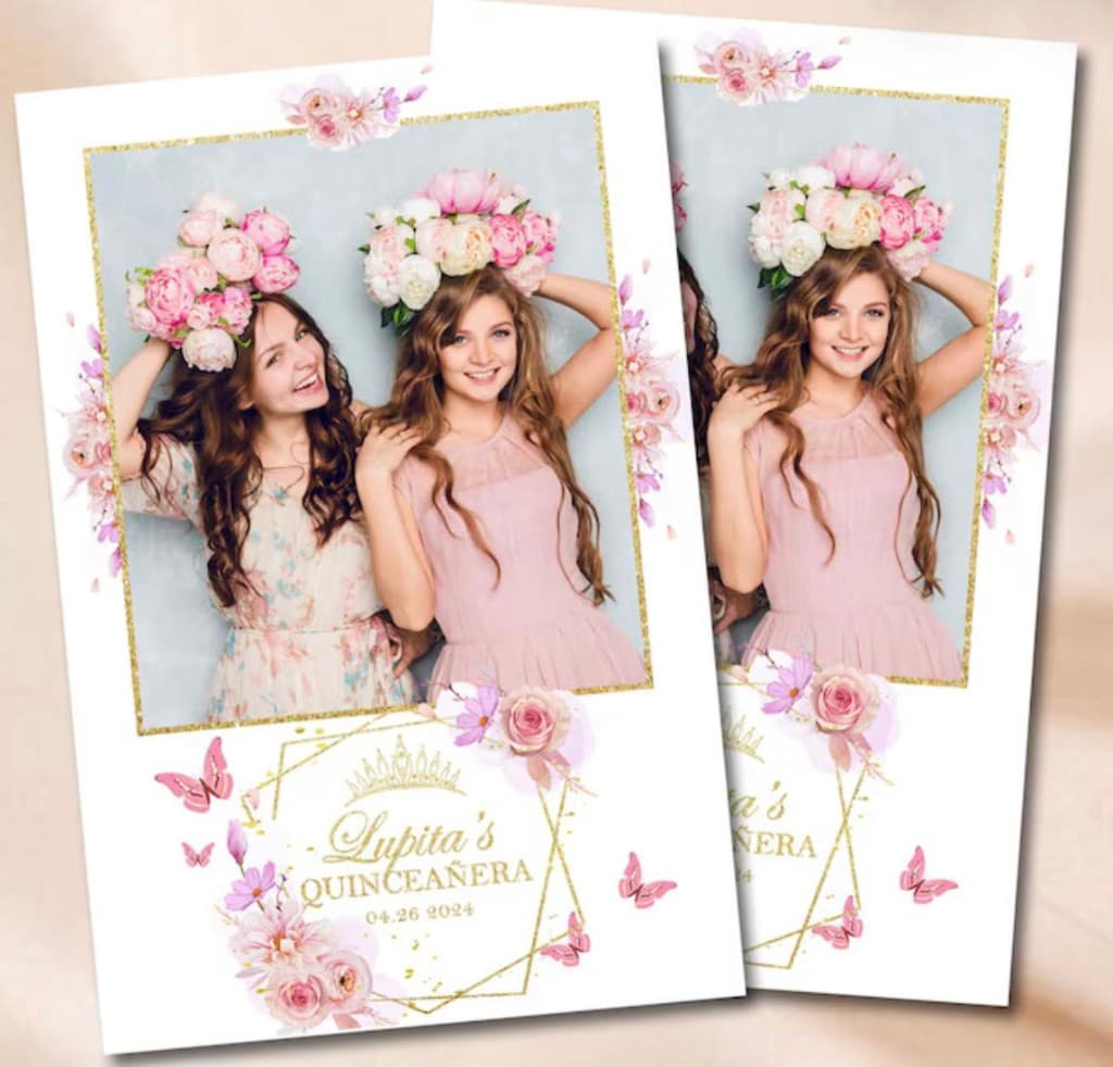 Custom quinceañera photo strip with gold florals and butterfly accents